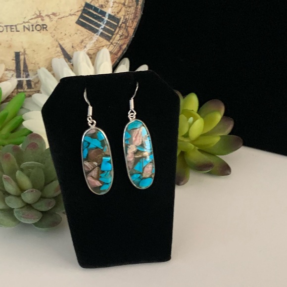 Copper & Turquoise Mosaic Handmade Silver Drop Earrings - Picture 4 of 9